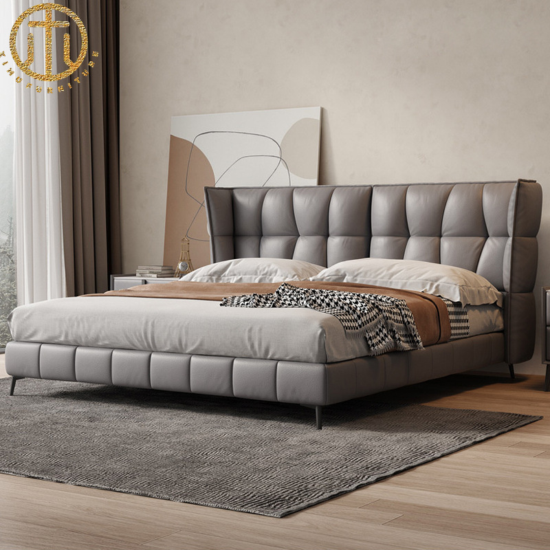 2023 New Italian Cream Style Leather Bed For Bedroom