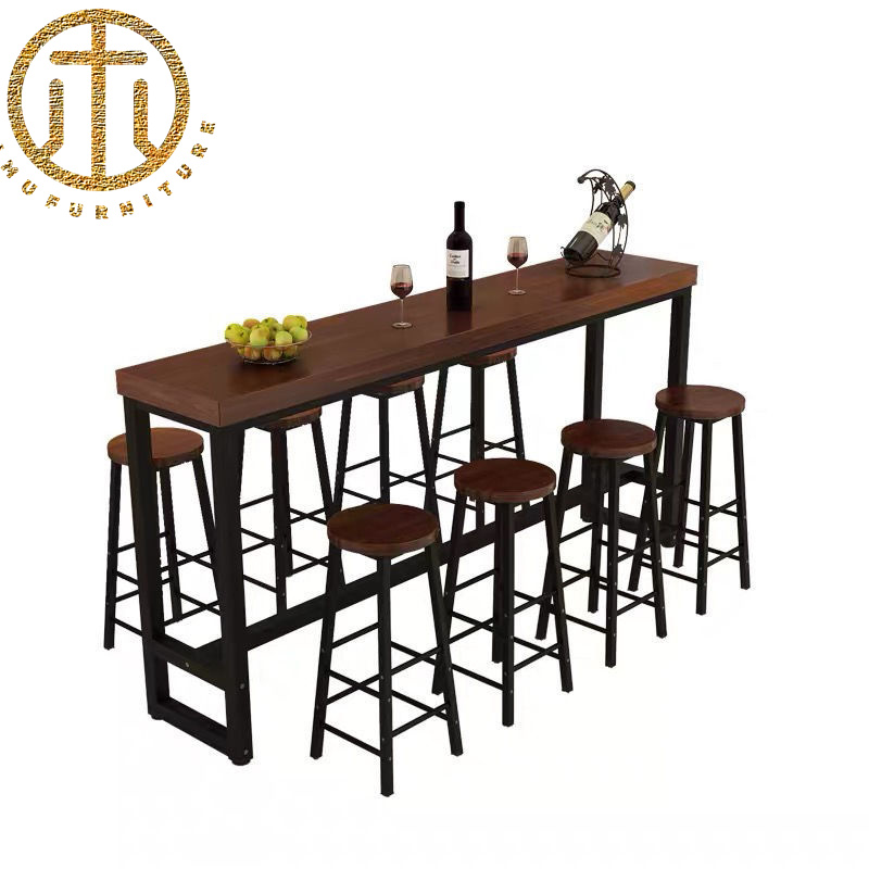 Industrial Style Solid Wood Coffee Color Rectangular Bar Table in Dining Room