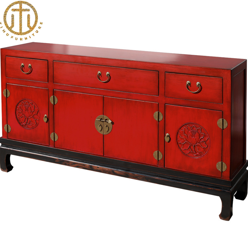 New Chinese Style Old Solid Wood Carved Living Room Sideboard