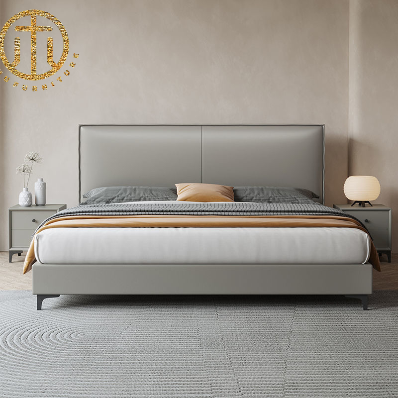 Nordic Leather Grey Rectangular Bed Bedroom