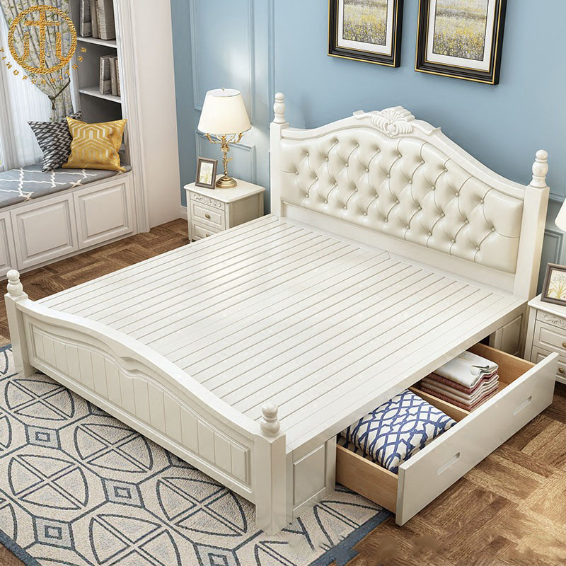 American Style White Solid Wood Master Bedroom Wedding Bed