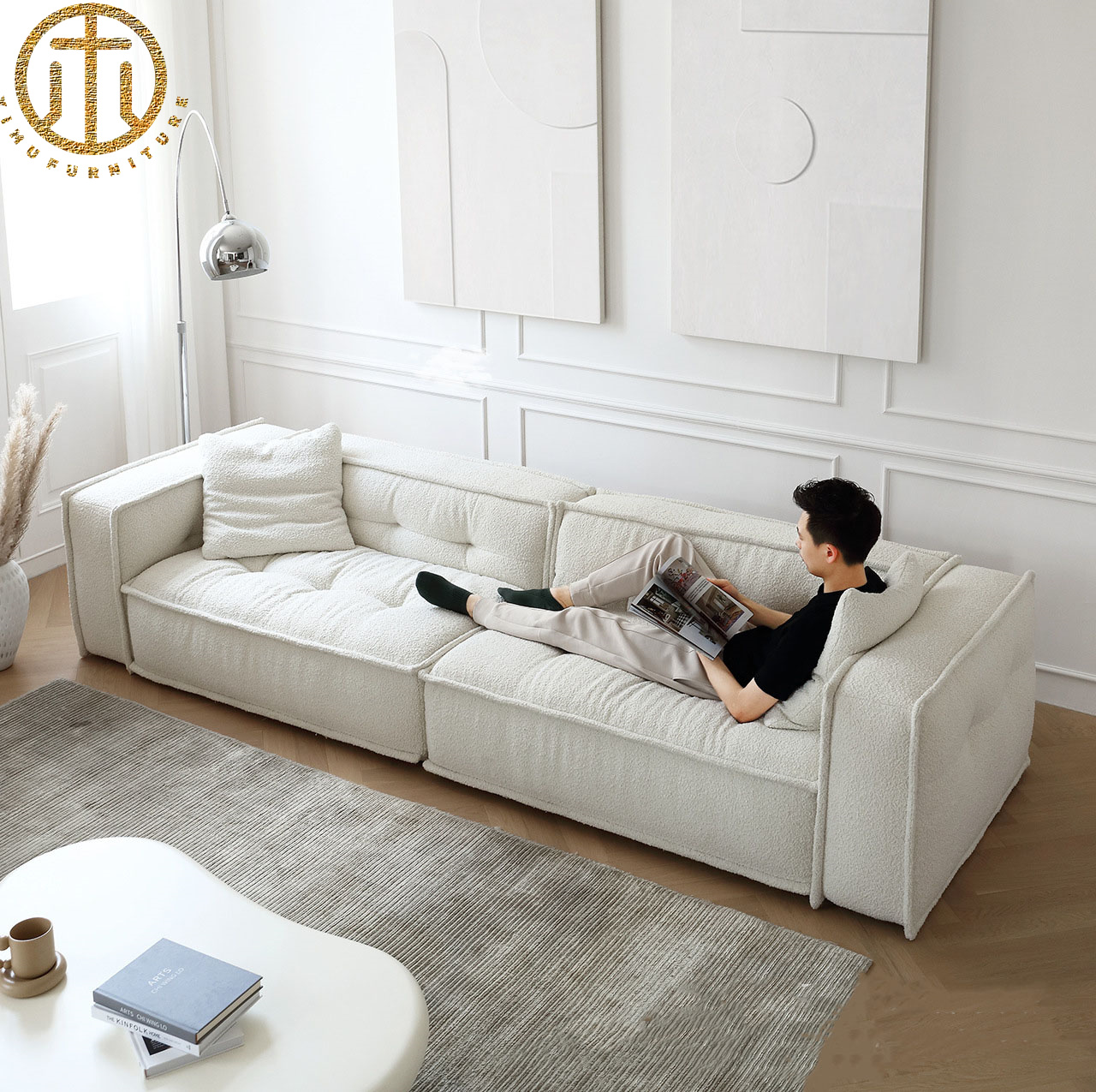 French Cream Style Living Room White Fabric Sofa