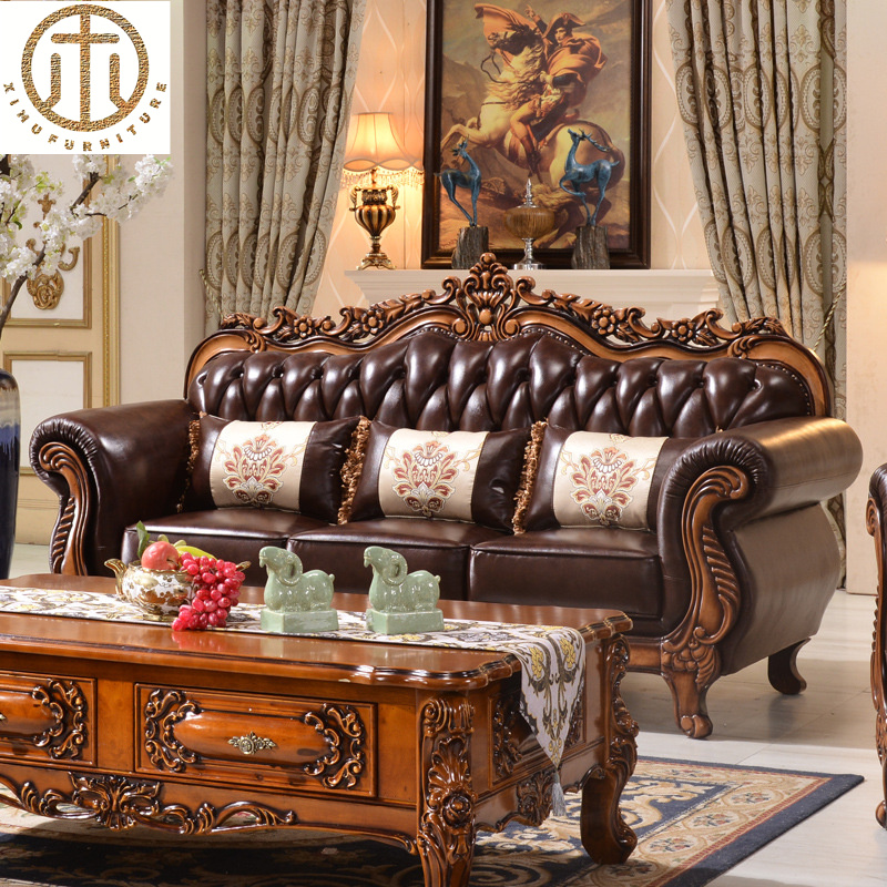 European Style Living Room Solid Wood Carved Leather Sofa