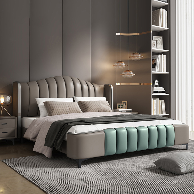 Italian Leather Grey Rectangular Bed Bedroom