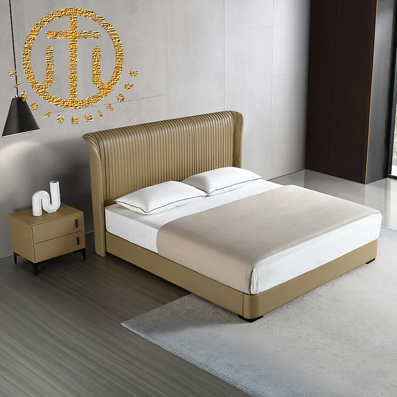 Nordic Light Brown Leather Rectangular Bed Bedroom