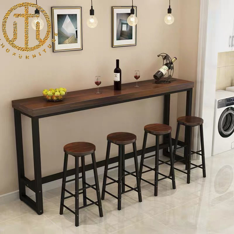 Industrial Style Solid Wood Coffee Color Rectangular Bar Table in Dining Room