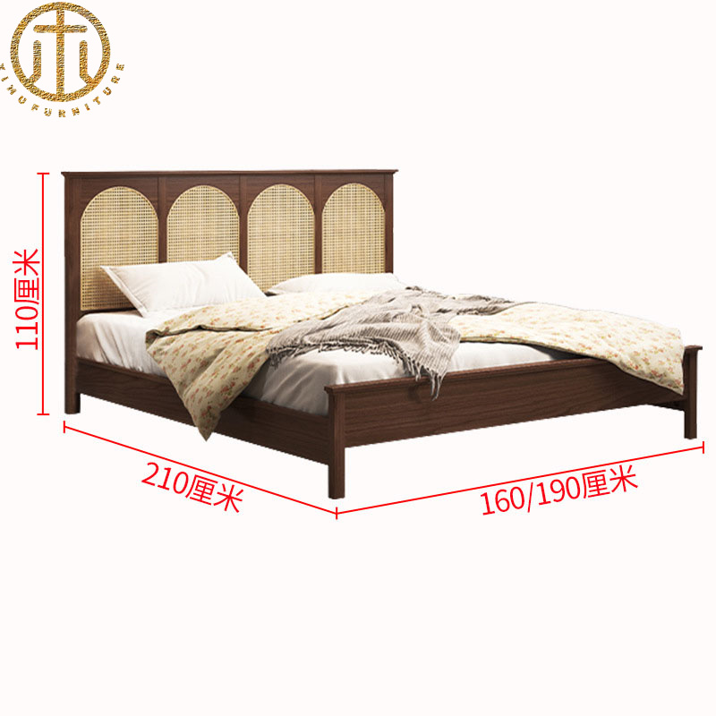 Chinese Retro Simple Rattan Solid Wood Bed For Bedroom