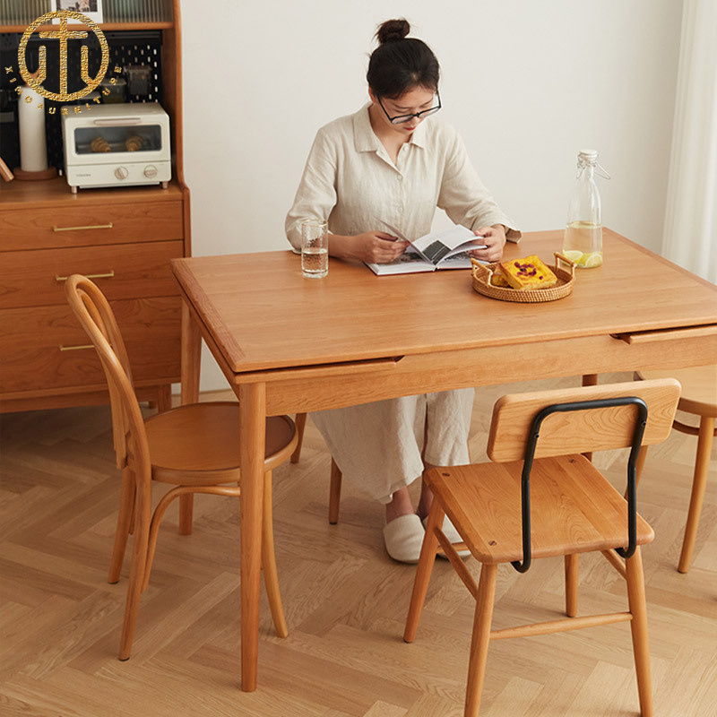 Simple Japanese Cherry Wood Extended Multifunctional Dining Table