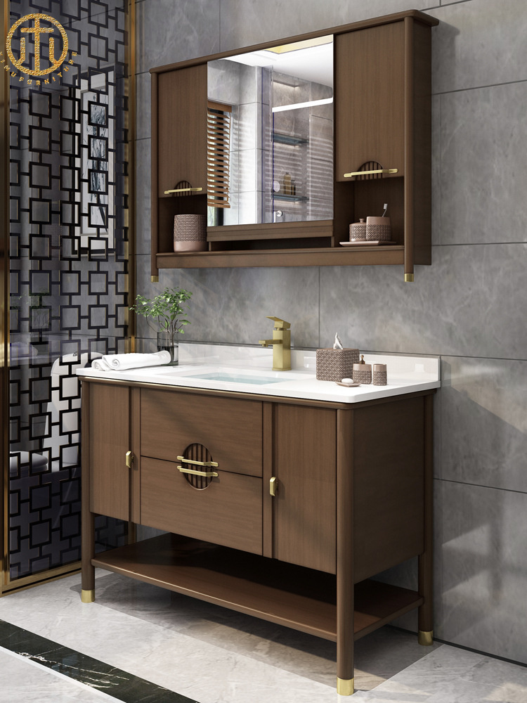 New Chinese Style Custom Rubber Wood Bathroom Cabinet