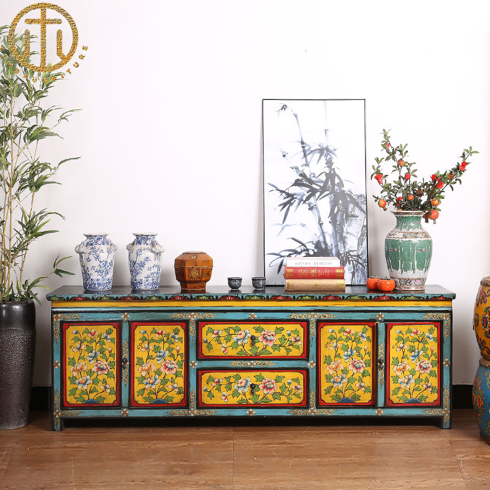 New Chinese Style Solid Wood Painted Antique TV Cabinet