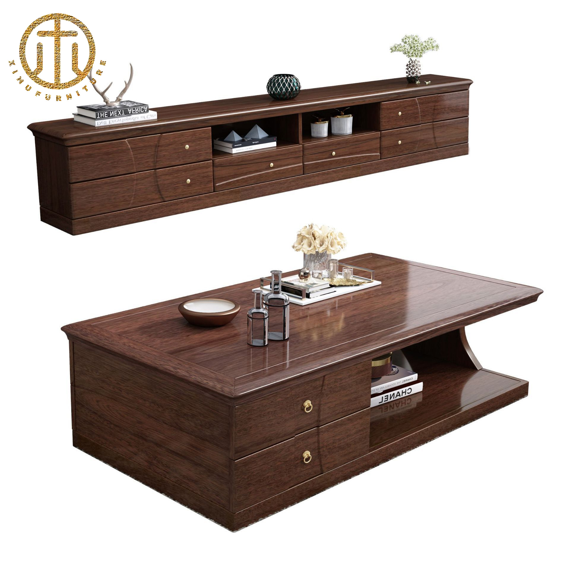 New Chinese Style Minimalist Walnut Solid Wood TV Cabinet For Living Room