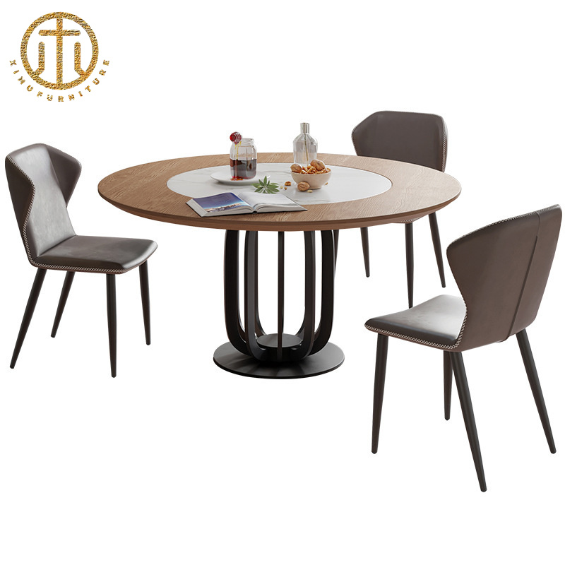 Household Small Apartment Modern Minimalist Round Solid Wood Dining Table with Built-in Rock Plate Turntable