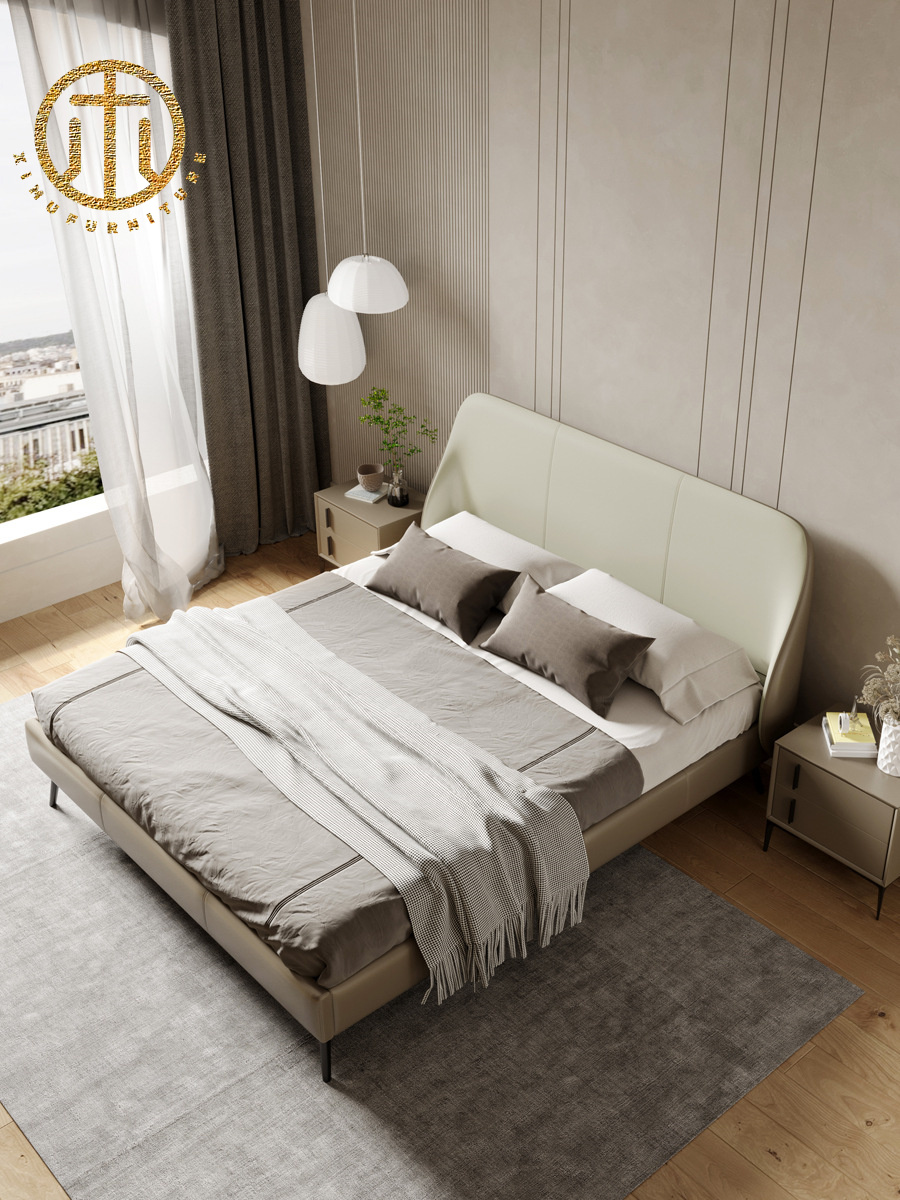 Italian Minimalist Small Apartment Master Bedroom Double Leather Bed For Bedroom