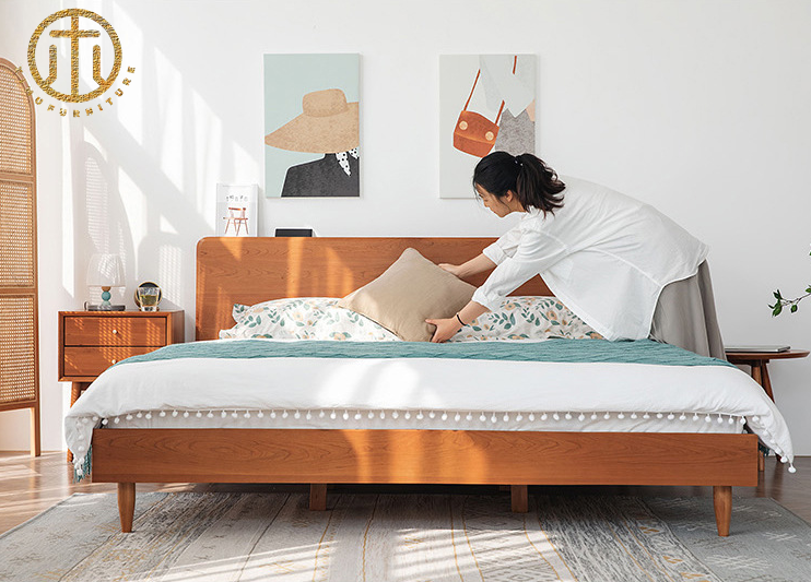 Modern Minimalist Japanese Style Cherry Wood Solid Wood Double Bed For Bedroom Furniture