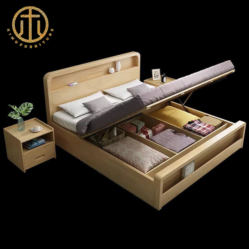 European And American Style Simple 1.8m Solid Wood Box Storage Double Bed For Bedroom