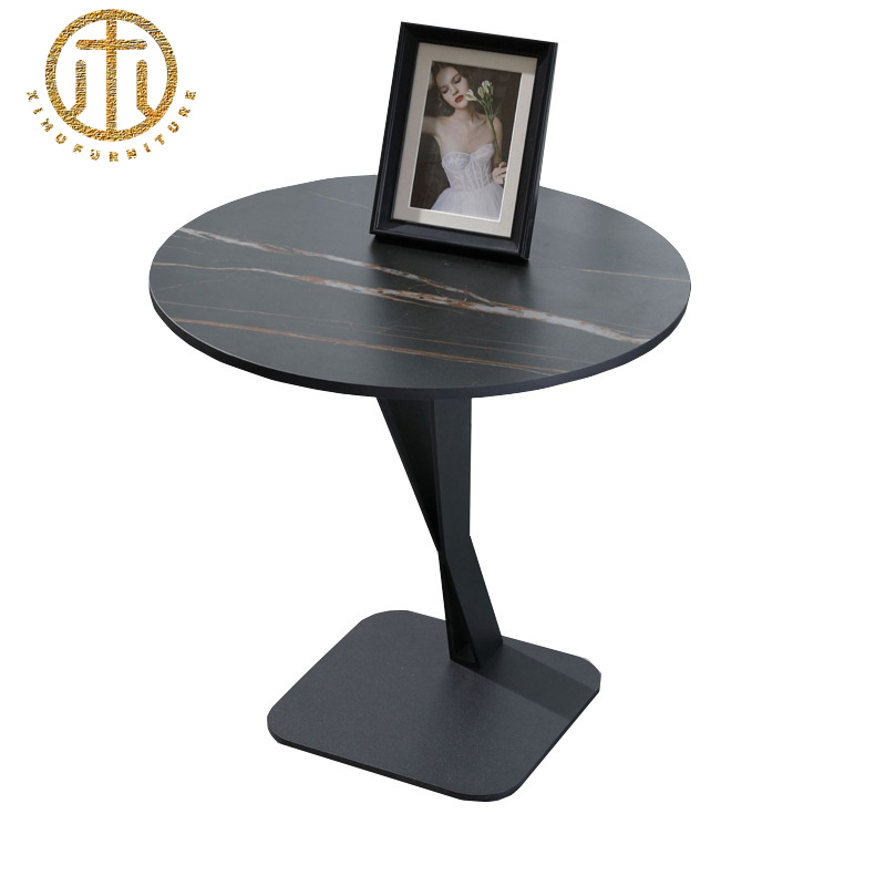 Modern Slate Black Round Side Table in Bedroom