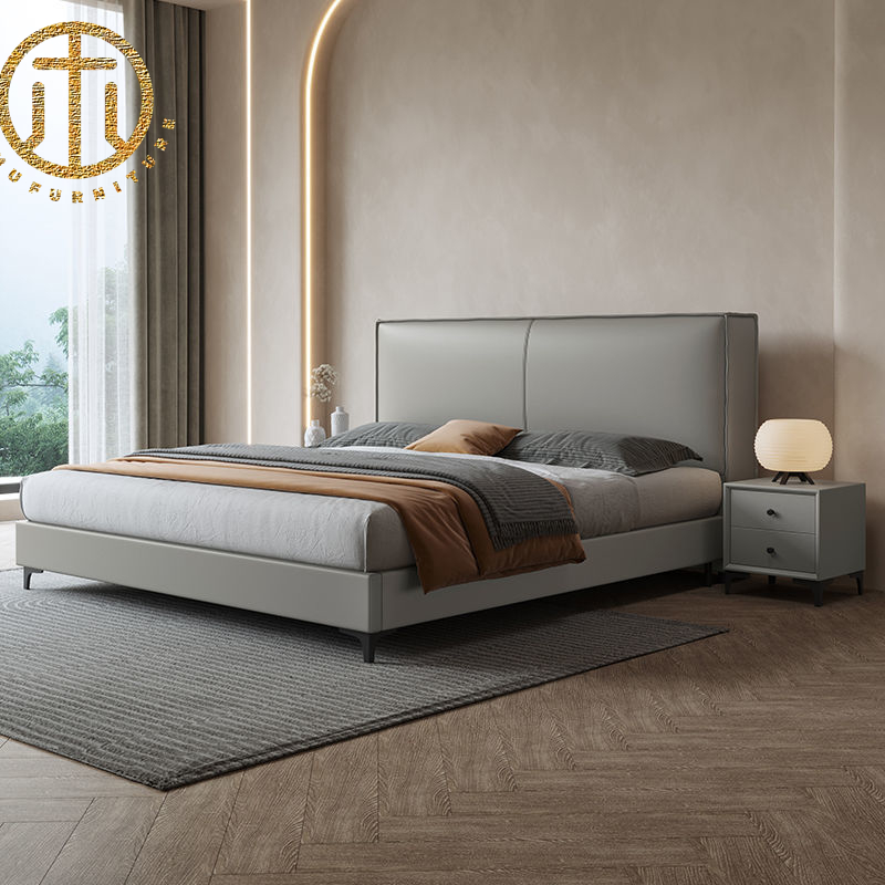 Nordic Leather Grey Rectangular Bed Bedroom