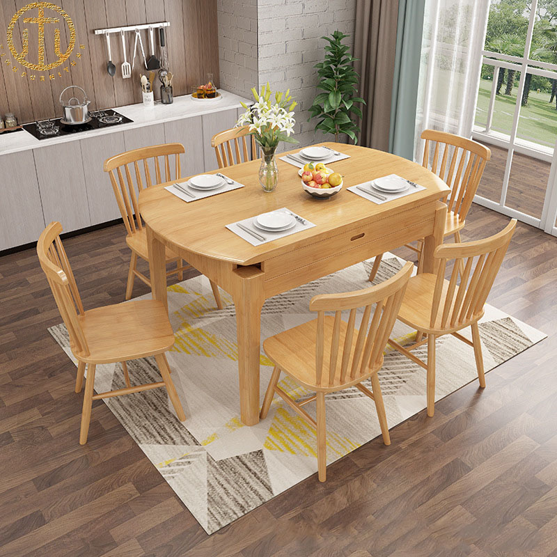 Nordic Full Rubber Wood Solid Wood Telescopic Folding Dining Table