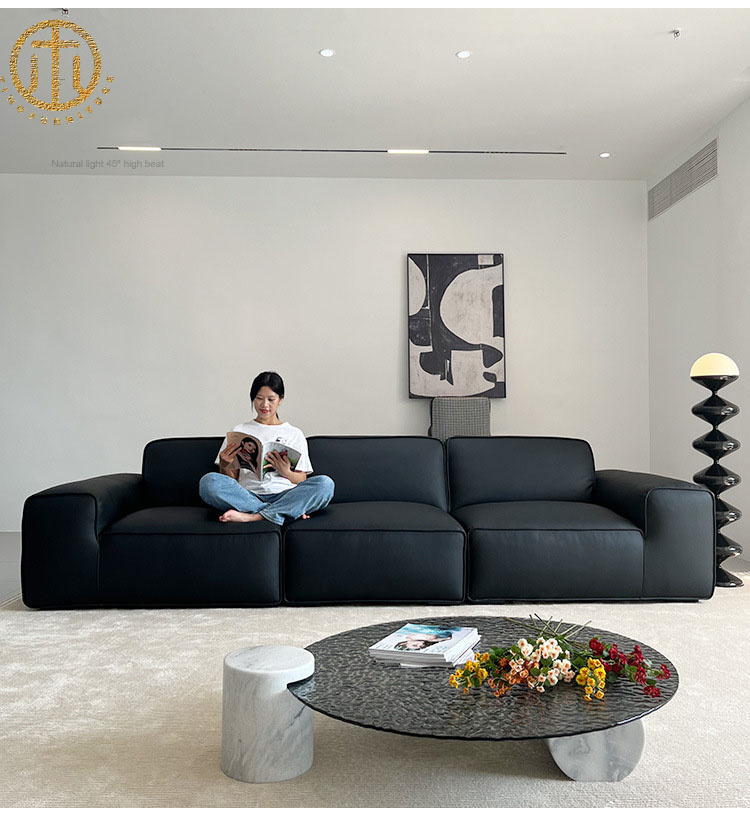 Italian Minimalist Black Leather Sofa For Living Room