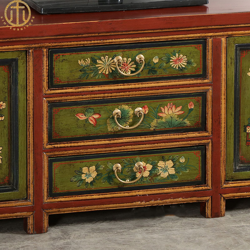 New Chinese Style Classical Retro Painted Painted Flowers TV Cabinet