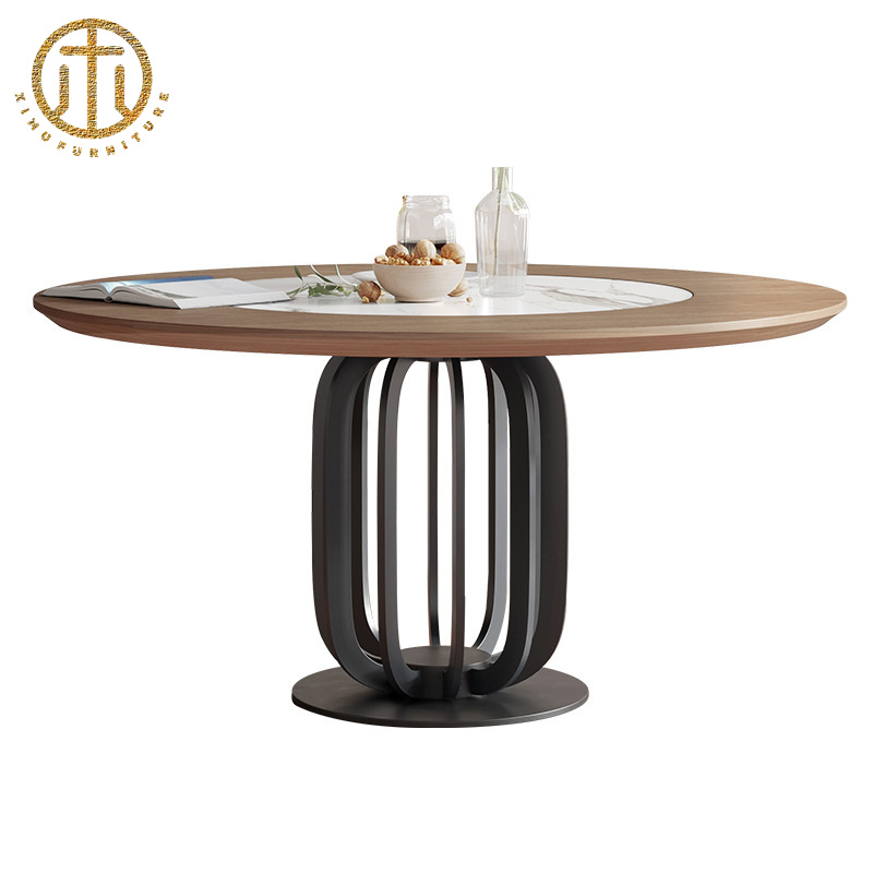 Household Small Apartment Modern Minimalist Round Solid Wood Dining Table with Built-in Rock Plate Turntable