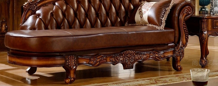 European Style Living Room Solid Wood Carved Leather Sofa