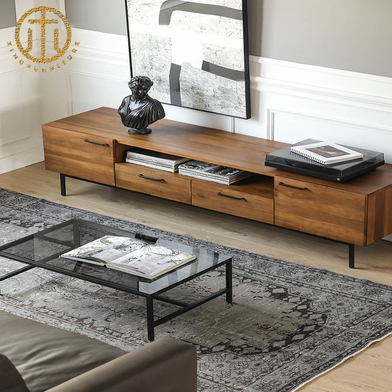 Light Brown Storable Rectangular Floor-to-Ceiling Solid Wood TV Stand