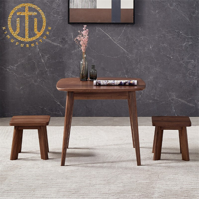 Modern Black Walnut Brown Square Stool in Living Room