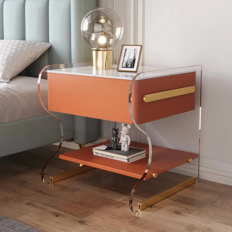 Modern Solid Wood Orange Rectangular Bedside Table Bedroom