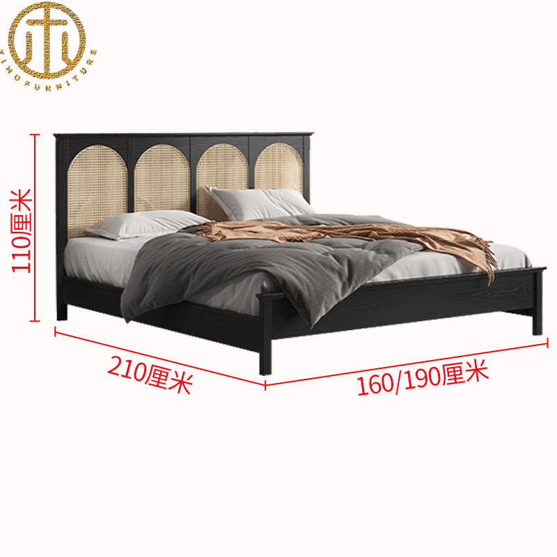 Chinese Retro Simple Rattan Solid Wood Bed For Bedroom