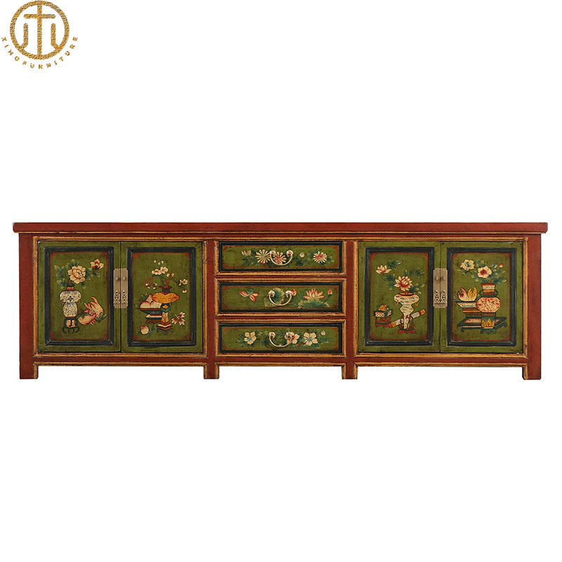 New Chinese Style Classical Retro Painted Painted Flowers TV Cabinet