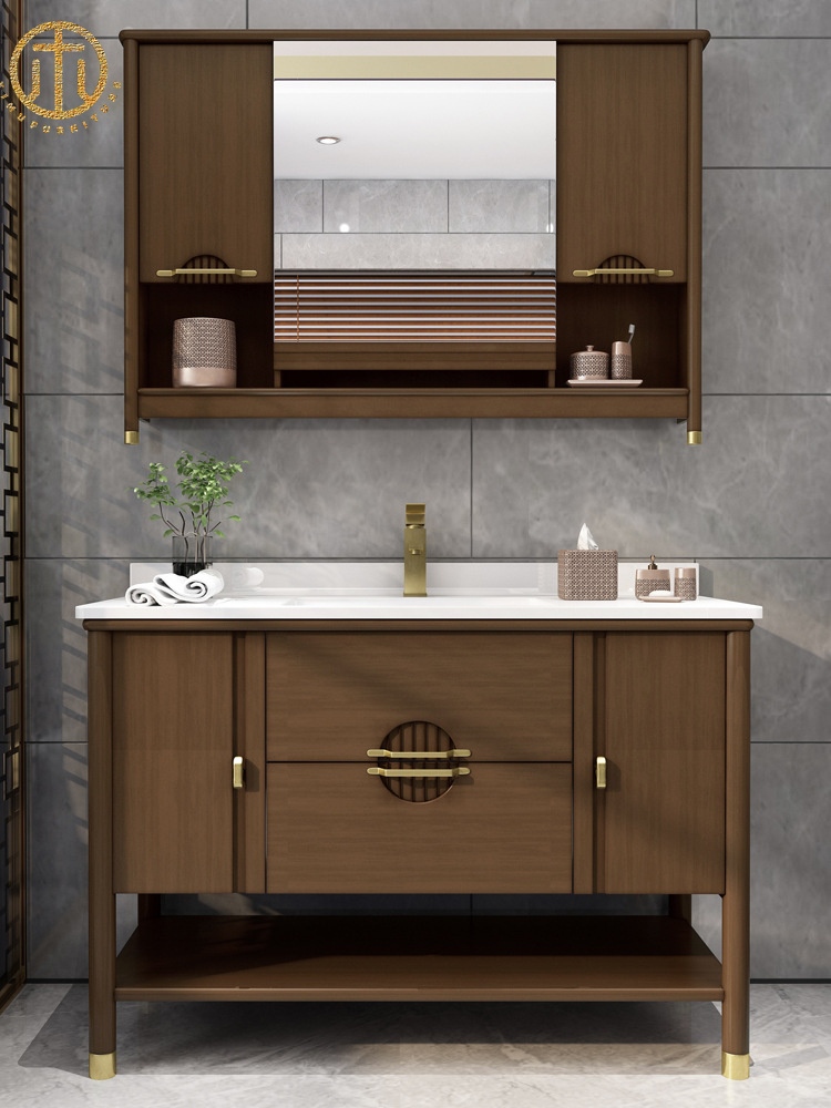 New Chinese Style Custom Rubber Wood Bathroom Cabinet