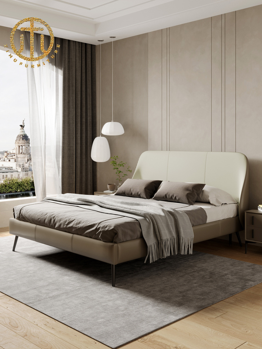 Italian Minimalist Small Apartment Master Bedroom Double Leather Bed For Bedroom