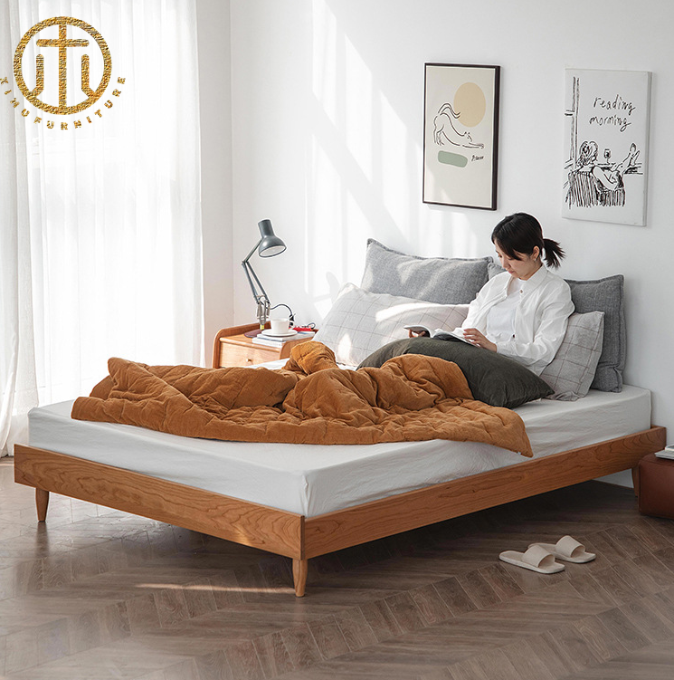 Modern Minimalist Japanese Style Cherry Wood Solid Wood Double Bed For Bedroom Furniture