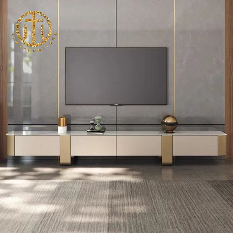 Light Luxury Slate White Rectangular TV Cabinet in Living Room