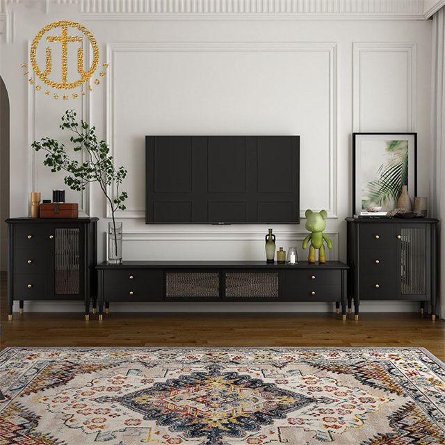 Vintage Solid Wood Black Rectangle Tv Cabinet in Living Room