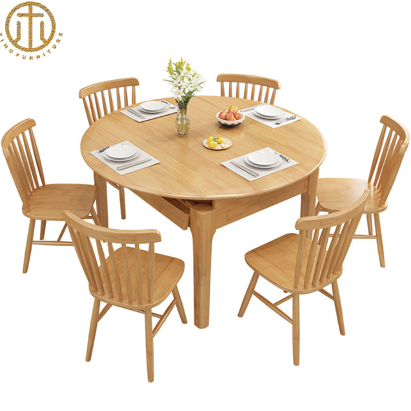 Nordic Full Rubber Wood Solid Wood Telescopic Folding Dining Table