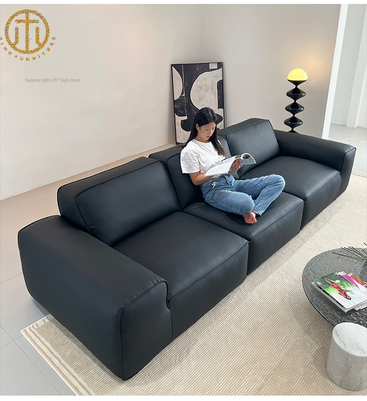 Italian Minimalist Black Leather Sofa For Living Room