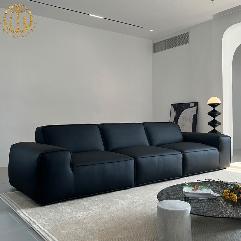 Italian Minimalist Black Leather Sofa For Living Room