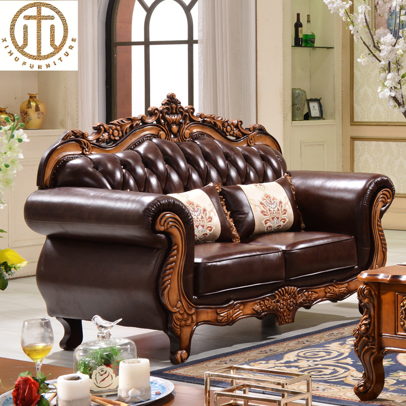 European Style Living Room Solid Wood Carved Leather Sofa