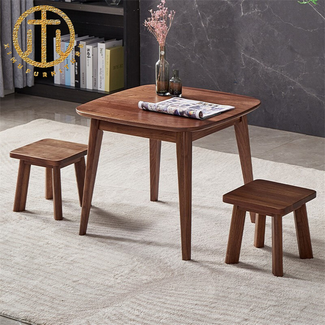 Modern Black Walnut Brown Square Stool in Living Room