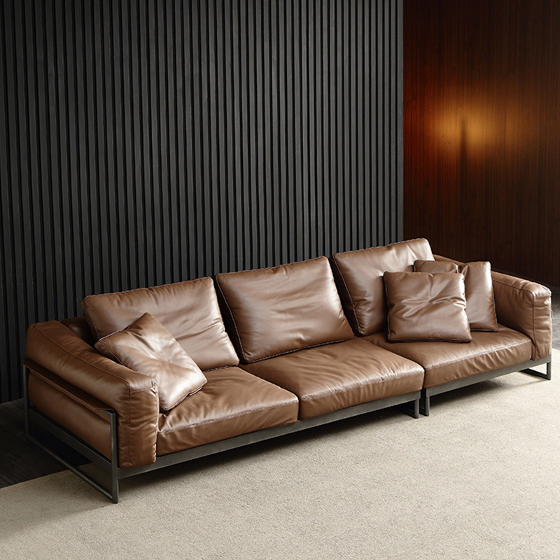 Italian Leather Brown Rectangular Sofa Home