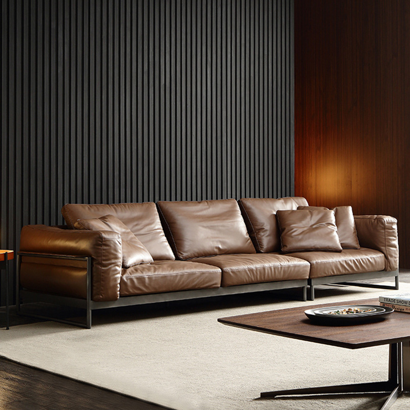 Italian Leather Brown Rectangular Sofa Home