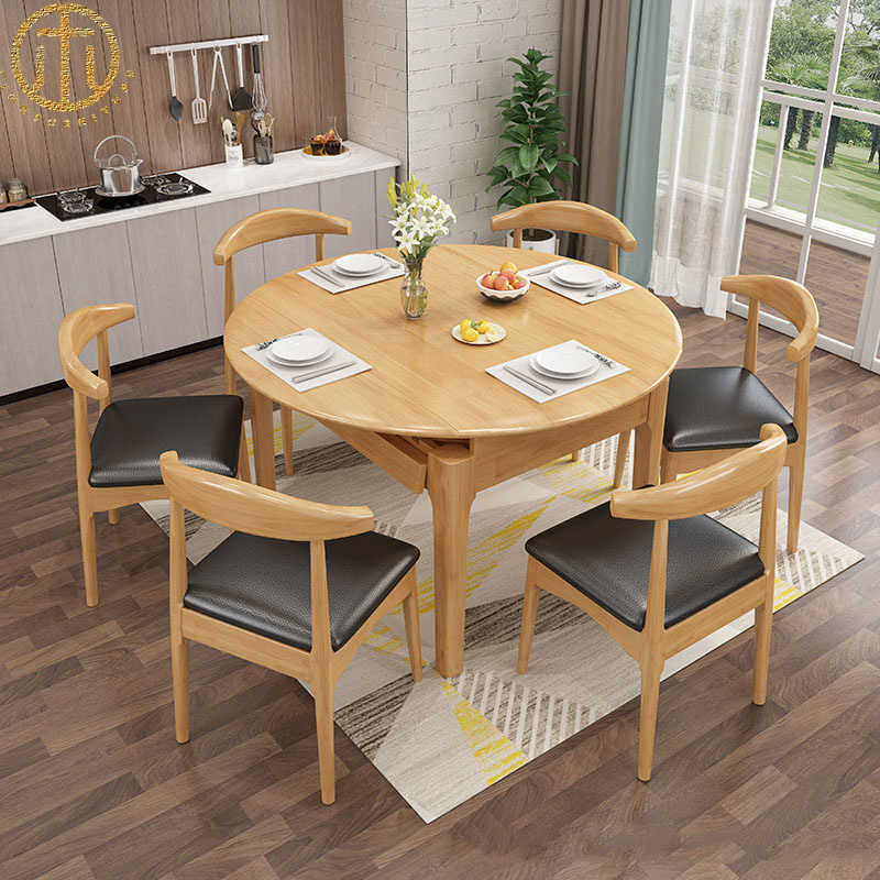 Nordic Full Rubber Wood Solid Wood Telescopic Folding Dining Table