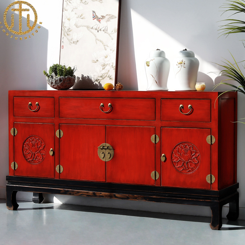 New Chinese Style Old Solid Wood Carved Living Room Sideboard