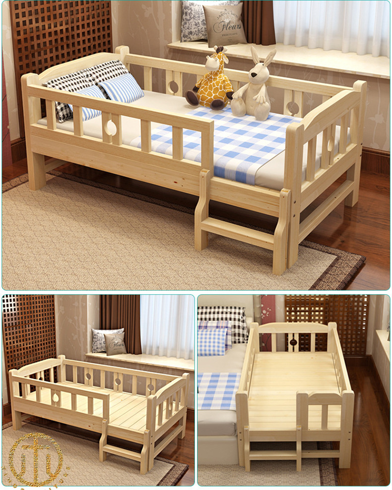 Splicing Solid Wood Children's Bed With Guardrail For Bedroom