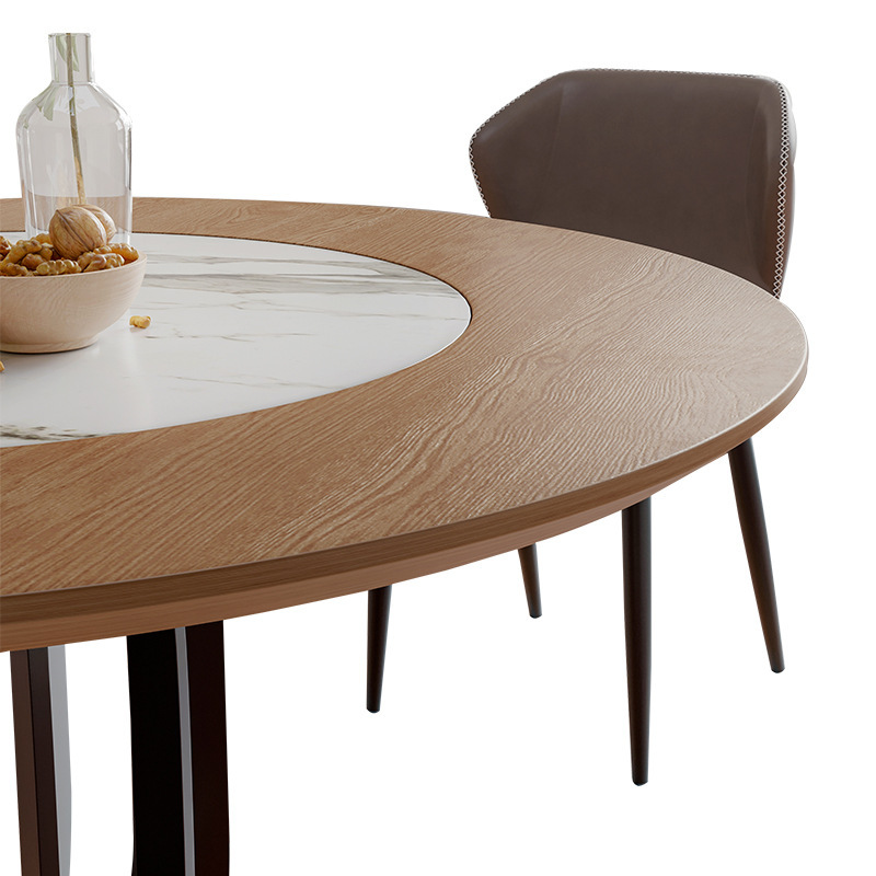 Household Small Apartment Modern Minimalist Round Solid Wood Dining Table with Built-in Rock Plate Turntable