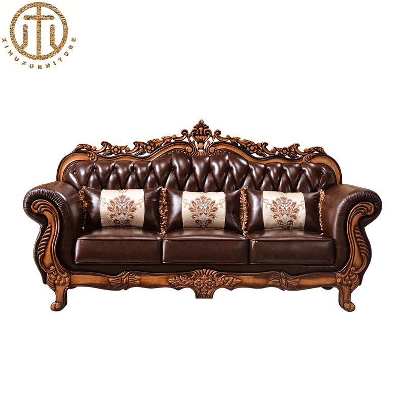 European Style Living Room Solid Wood Carved Leather Sofa