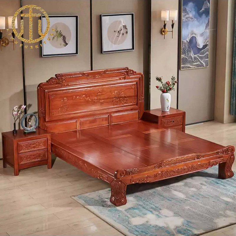 Chinese Antique Carved Mahogany Solid Wood Bed For Bedroom