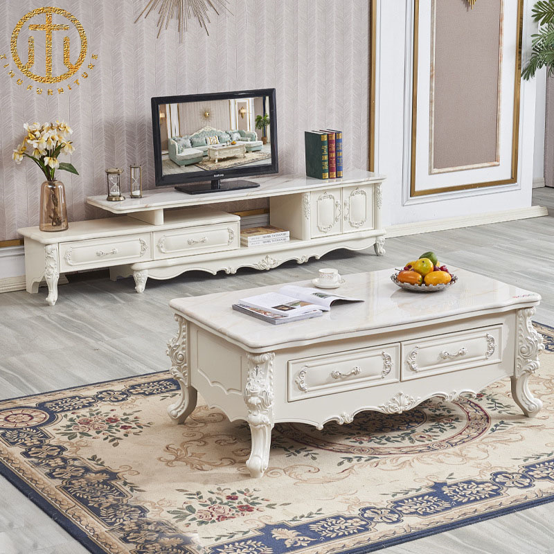 European Retro Light Luxury Living Room Marble TV Cabinet